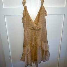 Tan Ruffle Dress With Strip Detailing! Cute Bow Tie On The Back. Never Worn Brand New! Tan Dress Outfit, Outfit Closet, Tan Dress, Summer Swag, Tan Dresses, Cute Bow, Fashion Baby, Dress Outfit, Cute Bows