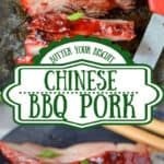 an advertisement for bbq pork on a grill with chopsticks and tongs