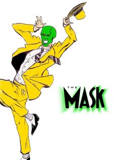 a drawing of a man in yellow pants and a green mask with his hands up