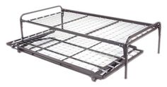 a metal bed frame with two trays on each side and the bottom part missing