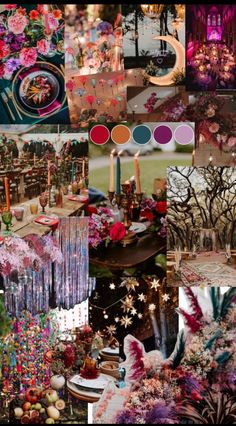 a collage of photos with flowers, candles and other things in them that are colorful