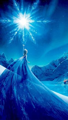 a woman in a blue dress standing on top of a mountain under a star filled sky