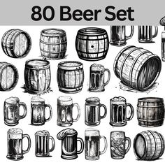 a bunch of beer mugs and barrels with the words'80 beer set '