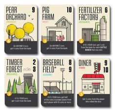 four cards with instructions on how to use them for farm related items, including trees and buildings