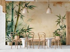 a room with chairs, tables and plants on the wall in front of an open door