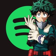 an anime character with green hair holding his hands up in front of a black background