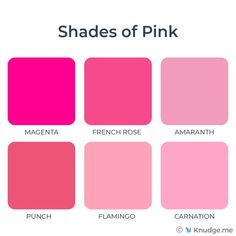 shades of pink are shown in the color chart for baby pink, fuchsia, hot pink, rose pink and bubble gum