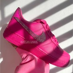 New With Box Custom Jordan Shoes For Women, Hot Pink Nikes Shoes, Nike Custom Pink Sneakers For Sports, Pink Nike Shoes Outfit, Luxury Custom Pink Nike Sneakers, Pink Breathable Custom Sneakers For Streetwear, Pink Barbie Shoes, Pink Nike Sneakers With Synthetic Material, Neon Nike Shoes