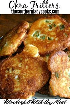 some fried food is on a plate with the words okra fritters above it