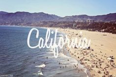 an aerial view of the beach and ocean with mountains in the background that reads california