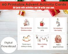 the printable christmas activity cards are displayed on a wooden table with presents and decorations