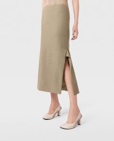 Mid-Rise Wool Midi Skirt-Beige-large Spring Formal Wool Skirt, Formal Wool Skirt For Spring, Formal Spring Wool Skirt, Elegant Wool Skirt For Formal Occasions, Elegant Wool Pleated Skirt, Elegant Wool Midi Skirt, Elegant Fitted Wool Pencil Skirt, Elegant Wool Pencil Skirt, Wool Midi Skirt