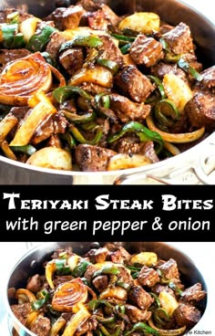 two pictures showing different types of stir frys with green peppers and onions in them