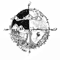 a black and white drawing of the earth with trees, mountains, and water in it