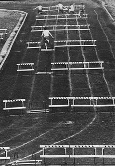 black and white photograph of an outdoor track