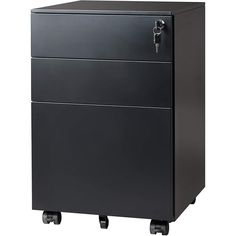 a black filing cabinet sitting on wheels