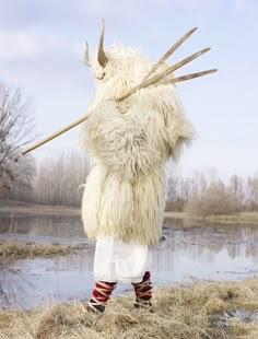 a man dressed up like a horned animal with long horns and large, white fur on his head