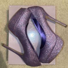 Look Brand New. Can Only Tell They’ve Ever Been Worn Because Of The Bottoms. Purple Glitter Sparkle In The Light. Glamorous Purple Party Heels, Shimmer Round Toe Heels For Prom, Shimmer Heels With Round Toe For Prom, Purple Glitter High Heels, Purple Sparkly Heels, Purple Shoes Heels, Purple Sparkly Dress, Purple Pumps, Birthday Women