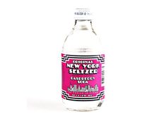 a bottle of new york seltzer water on a white background with pink label