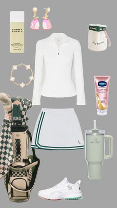 the contents of a woman's white outfit and accessories