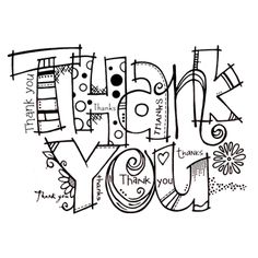 the words thank you are written in black and white with lots of doodles on it