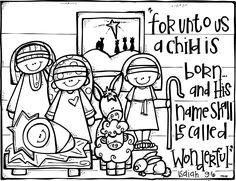 a black and white drawing of three children in front of a christmas nativity scene