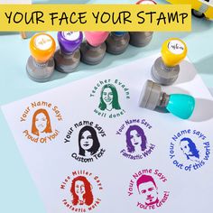 the face stamps are being used to make personalized faces on paper with marker pens