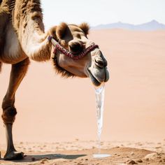 a camel drinking water out of a puddle