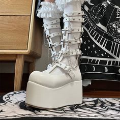 Platform height(cm)(inch) 8/3.14 Cross Boots, Alt Shoes, White Punk, Goth Things, Strap Boots, Alt Clothes, Style Kawaii, Boot Straps, Cross Chain