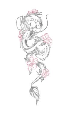 a drawing of a dragon with pink flowers on it's tail and wings in the background