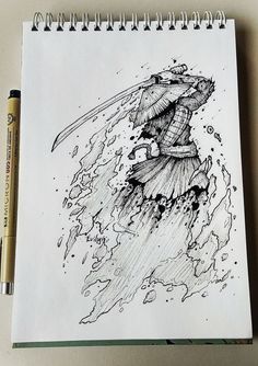 a pencil drawing of a man with an umbrella on his head and water splashing around him