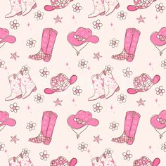 pink cowboy boots and stars on a light pink background seamless wallpaper with flowers