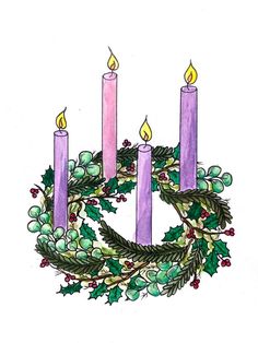 a wreath with three lit candles on it