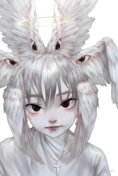 an anime character with white hair and angel wings on her head is staring at the camera