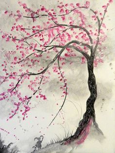 a painting of a tree with pink flowers