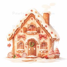 a watercolor painting of a gingerbread house with candy canes and candies