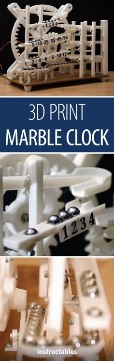 the 3d print marble clock is shown in three different pictures, with text overlaying it