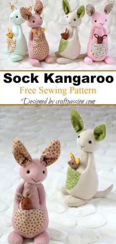 three stuffed animals sitting next to each other on a white surface with text overlay that says sock kangaroo free sewing pattern