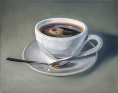 a painting of a cup of coffee on a saucer with a spoon in it