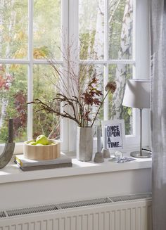 a window sill with flowers, apples and other items on it next to a radiator