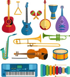 an assortment of musical instruments on a white background