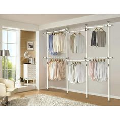 an organized closet with clothes hanging on the rails and shelves in front of it, along with a rug