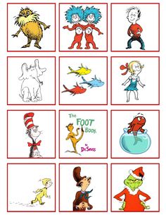 the dr seuss book is shown in red and white, with pictures of different characters