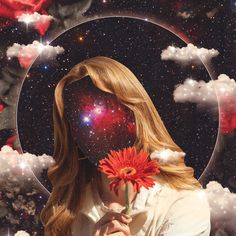 a woman holding a flower in front of her face with clouds and stars around her