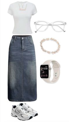 A cozy and chic outfit: A stylish maxi denim skirt paired with a classic white top for a fresh, effortless look with black and white New Balance sneakers.  The combination is perfect for embracing modesty while staying trendy!  🖤🤍👗 #ModestFashion #StyleInspiration #DenimLove Modest Fashion Outfits Skirt, Denim Skirt And White Top, Denim Skirt White Top Outfit, Jean Skirt Outfits With Sneakers, How To Style Maxi Denim Skirt, Skirt Long Outfits, Black Denim Maxi Skirt Outfit, Demin Maxi Skirt, White New Balance Sneakers