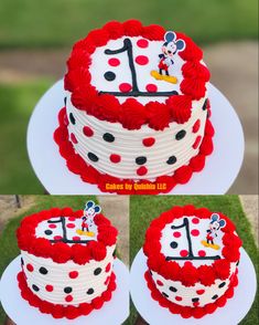 the cake is decorated with red and white icing, mickey mouse number one on top