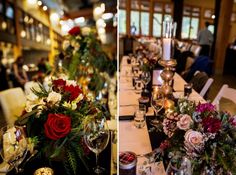 two pictures of tables with flowers and candles on them