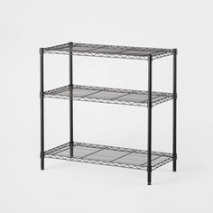 three tiered shelving unit with wire shelves on each side and one shelf below