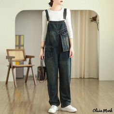 Olivia Mark - Relaxed and Comfortable Wide-Leg Denim Overalls Overalls Baggy, Overalls Winter, Suspender Jeans, Loose Overalls, Vintage Overalls, Solid Color Jumpsuits, Fitted Maxi Dress, Cotton Linen Dresses, Bib Overalls