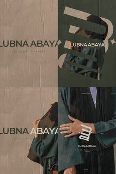 a woman holding onto a coat with her hands on the back of her jacket, while standing in front of an advertisement for lubiana abaya